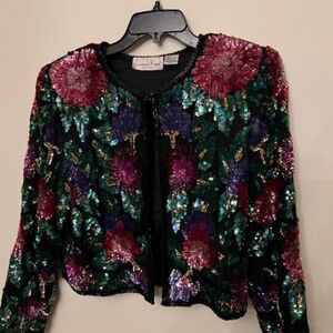 vintage XL 12  Lawrence Kazar silk stunning beaded sequined light weight jacket